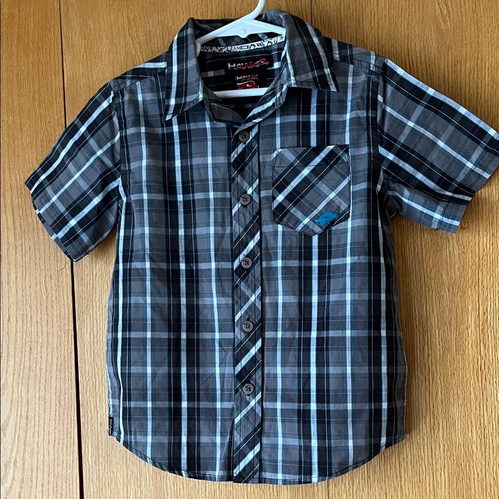 Tony Hawk Size 5 / 6 cotton blend gray Plaid Short-Sleeve Button down Shirt EUC